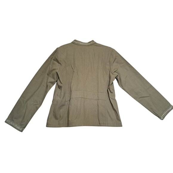 Chico's Utility Olive Green Beaded Cuff Jacket Women's Cotton Blend Open Front L - Picture 4 of 10